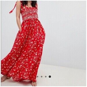 Free People Red Color My World Floral Jumpsuit Womens XS Wide Leg Smocked Boho